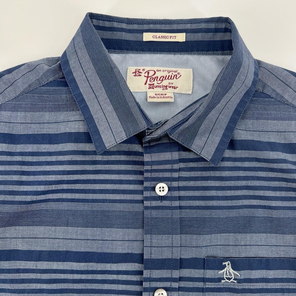 Original Penguin Short Sleeve Shirt Mens Small Classic Fit Button Up Blue Stripe